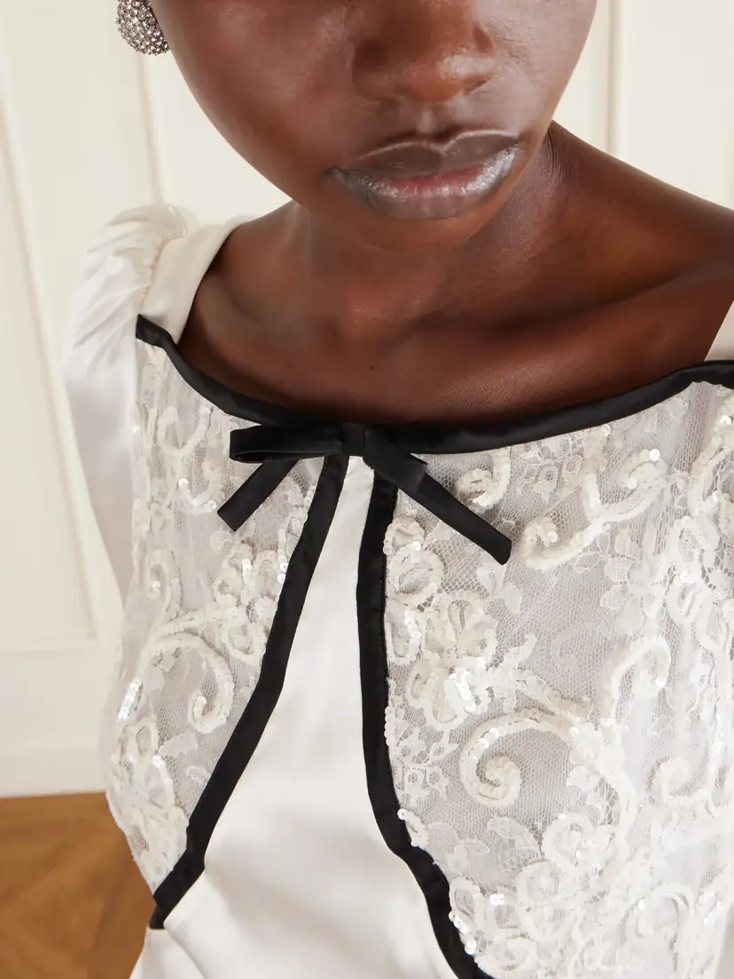Alessandra Rich Bow-detailed Silk-satin And Sequin-embellished Lace Midi Dress | Thumbnail 4 Alessandra Rich Bow-detailed Silk-satin And Sequin-embellished Lace Midi Dress | Thumbnail 4
