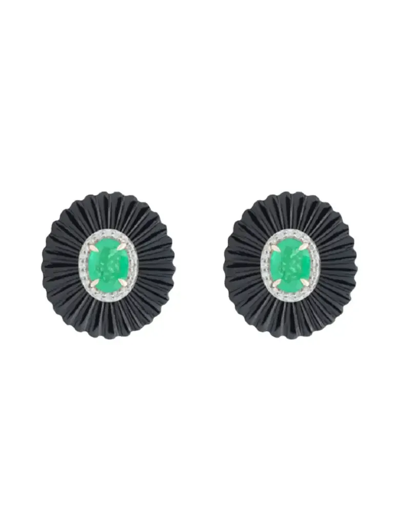 20ct Diamond Emerald Black Onyx 18K Gold Earrings