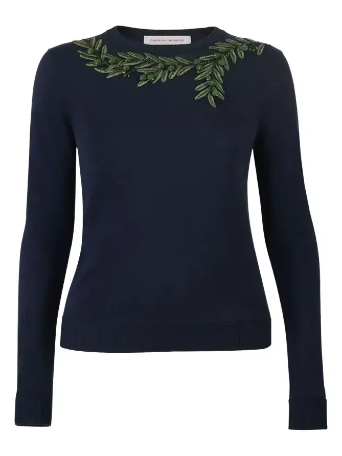 Olive Branch Embroidered Silk-Cotton Crewneck Sweater