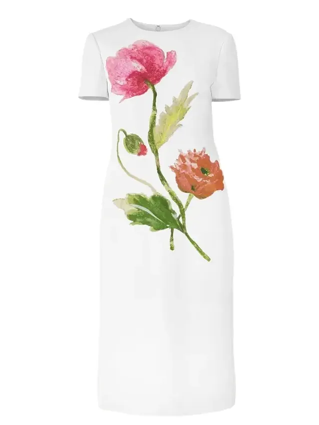 Flower-Print Crepe Short-Sleeve Midi Dress