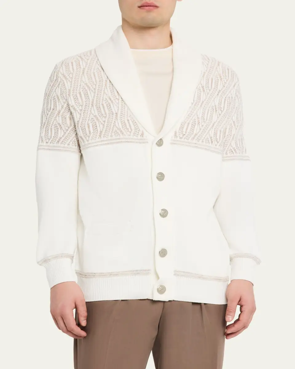 Brunello Cucinelli Men's Cotton Cable Knit Shawl Cardigan | Thumbnail 4