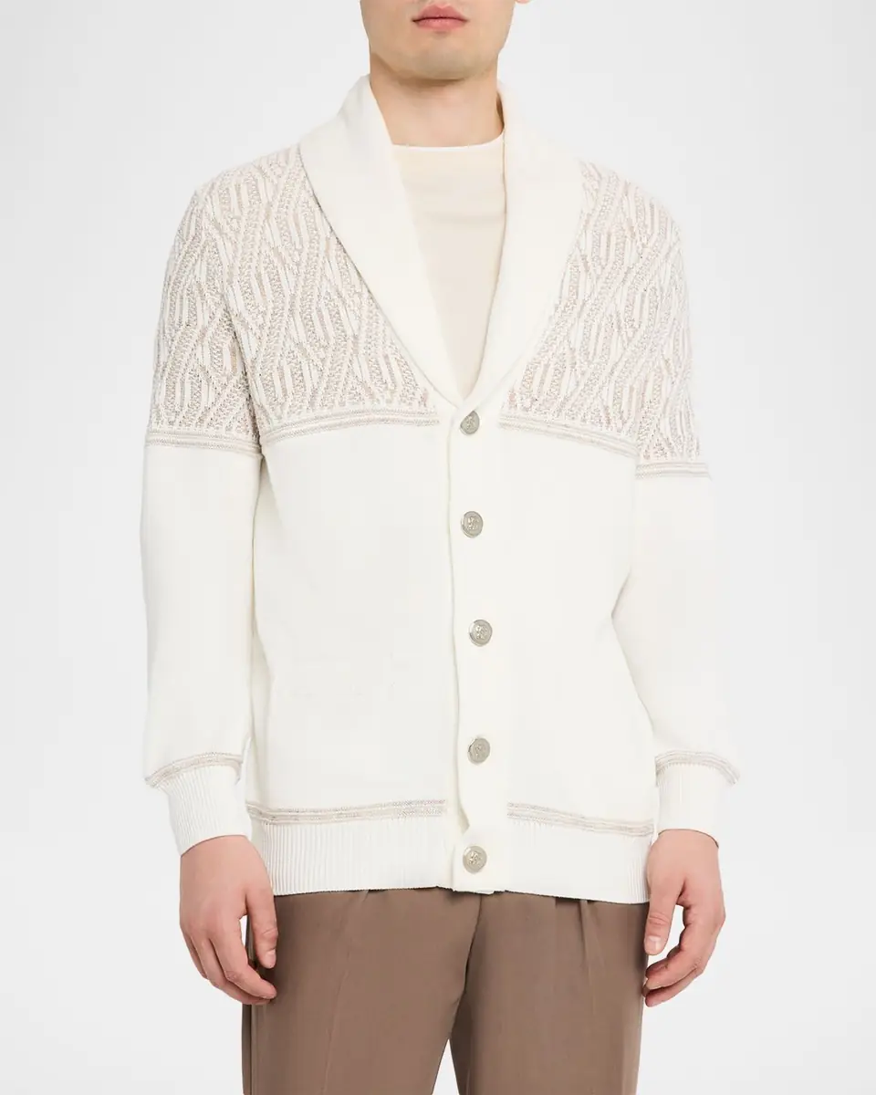 Brunello Cucinelli Men's Cotton Cable Knit Shawl Cardigan | Thumbnail 8