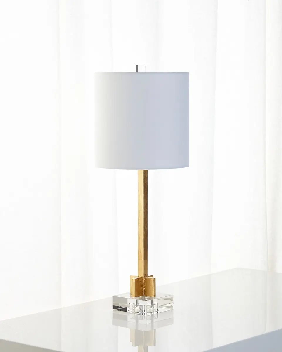 Old World Design Abita Gold Leaf Lamp with Linen Shade and Crystal Base | Image 1 Old World Design Abita Gold Leaf Lamp with Linen Shade and Crystal Base | Image 1