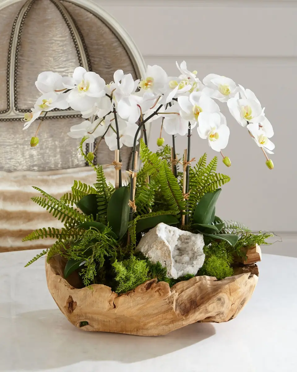 T & C Floral Company White Orchid Faux-Floral Arrangement in Wooden Bowl