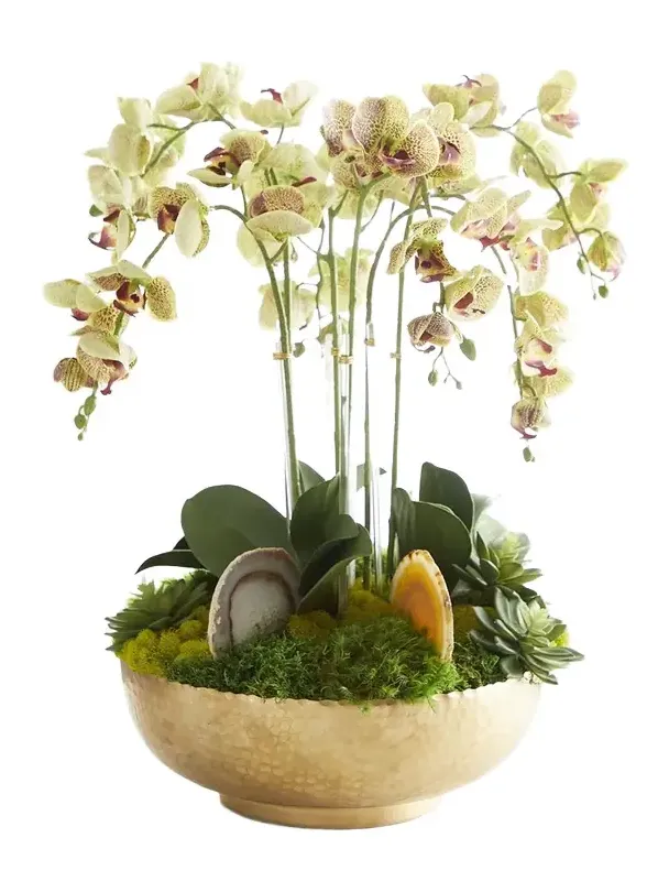 T & C Floral Company Orchid Faux Florals in Gold Hammered Metal Bowl with Selenite & Agate Slabs - 24"