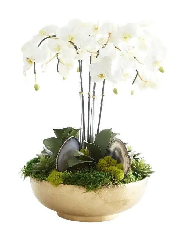 T & C Floral Company Orchid Faux Florals in Gold Hammered Metal Bowl with Selenite & Agate Slabs - 24"