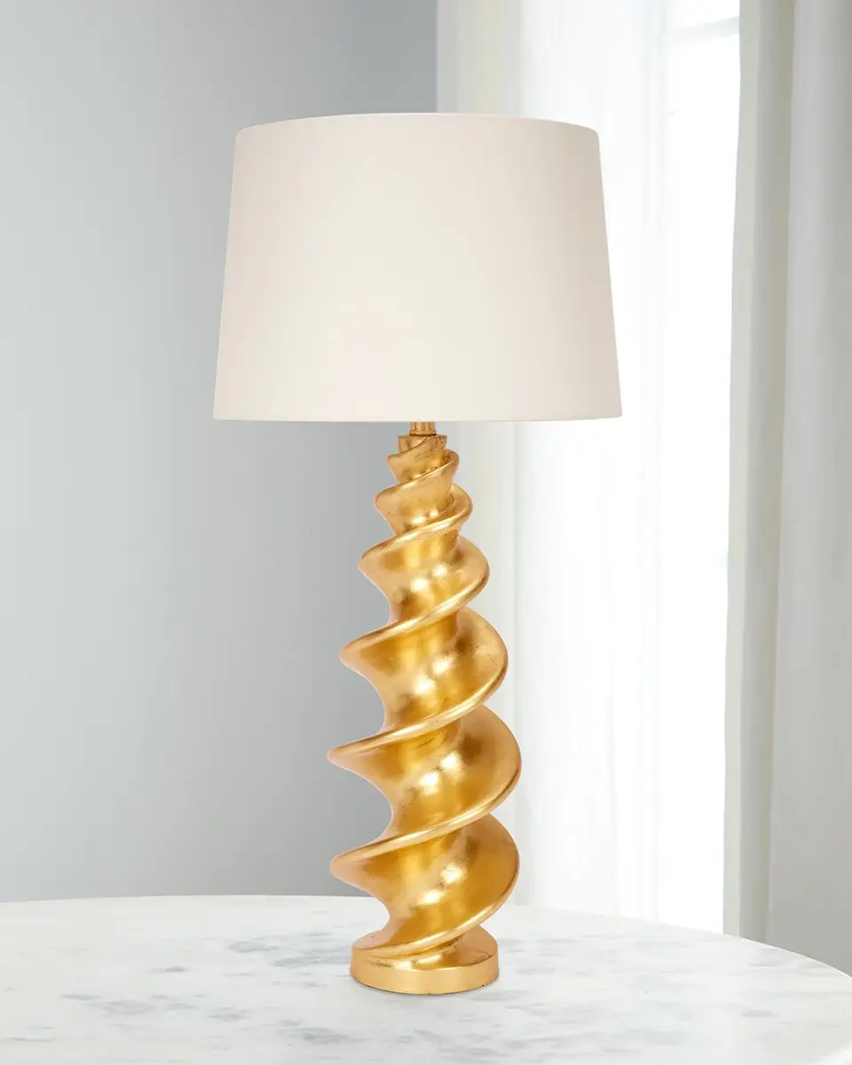 Old World Design Durham Gold Leaf Shell Buffet Lamp with Linen Shade | Thumbnail 2 Old World Design Durham Gold Leaf Shell Buffet Lamp with Linen Shade | Thumbnail 2