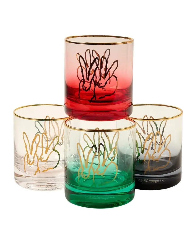 Hunt Slonem Holiday Double Bunny 10 oz. Old-Fashioned Glasses, Set of 4 | Image 1 Hunt Slonem Holiday Double Bunny 10 oz. Old-Fashioned Glasses, Set of 4 | Image 1