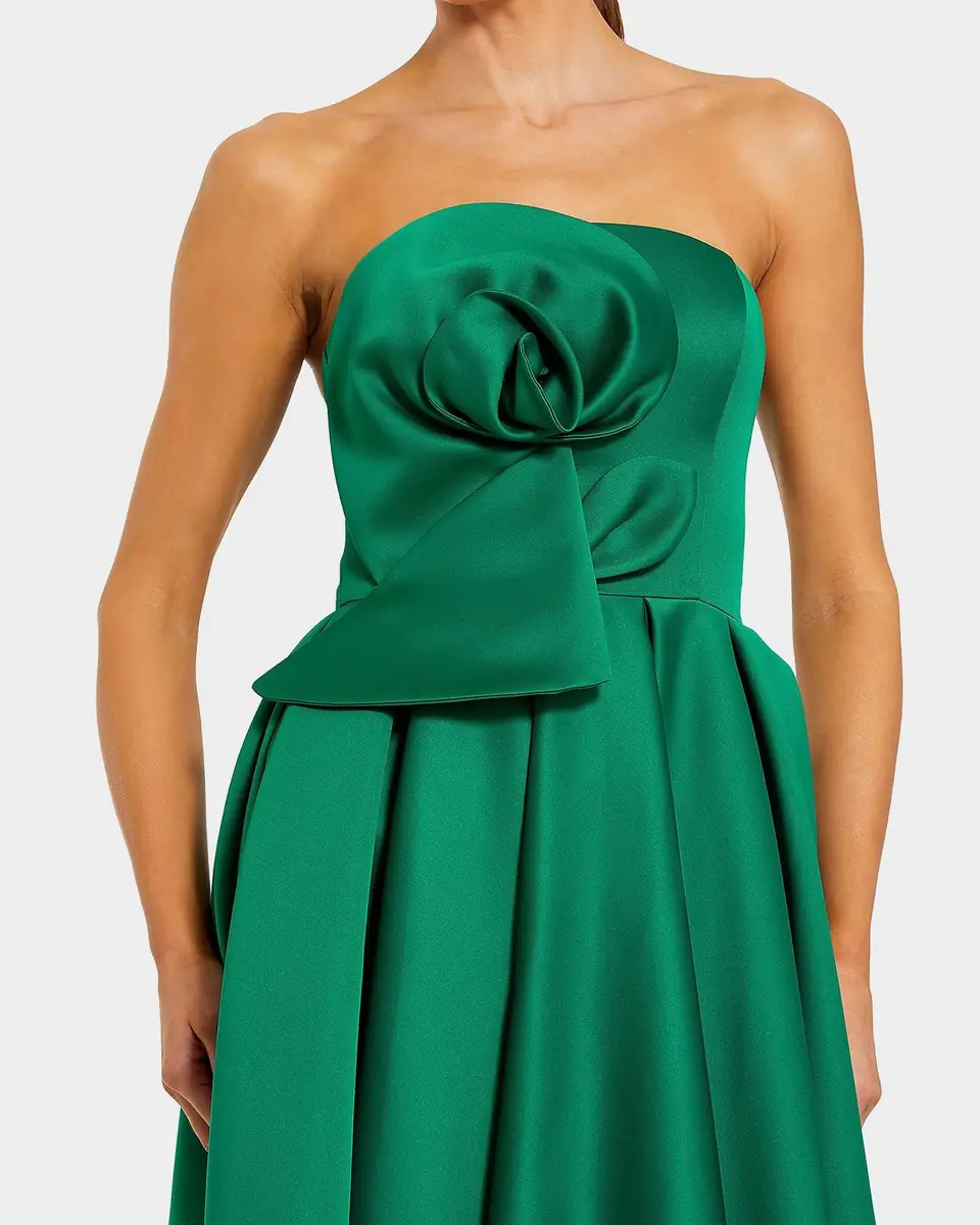 Mac Duggal Rosette-Embellished Strapless Satin Midi Dress | Thumbnail 2 Mac Duggal Rosette-Embellished Strapless Satin Midi Dress | Thumbnail 2