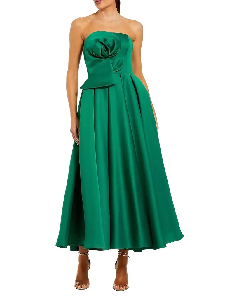 Rosette-Embellished Strapless Satin Midi Dress Rosette-Embellished Strapless Satin Midi Dress
