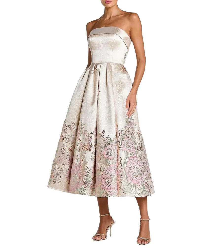Mac Duggal Strapless Brocade A-Line Midi Dress