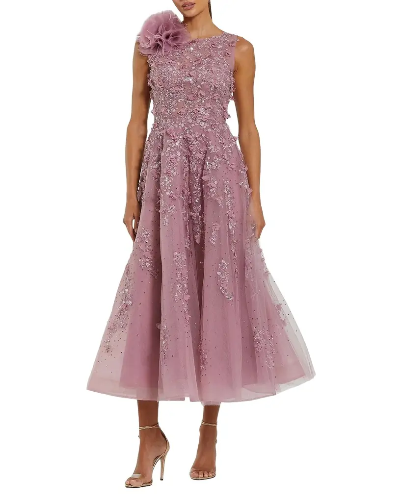 Mac Duggal Cocktail Beaded Fit-and-Flare Midi Dress
