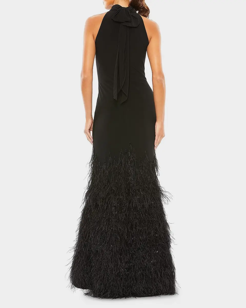 Mac Duggal Feathered Jersey Halter Gown | Thumbnail 3
