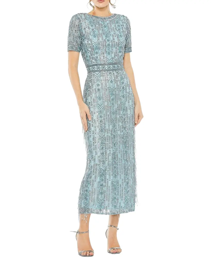 Mac Duggal Geometric Beaded Cocktail Midi Dress