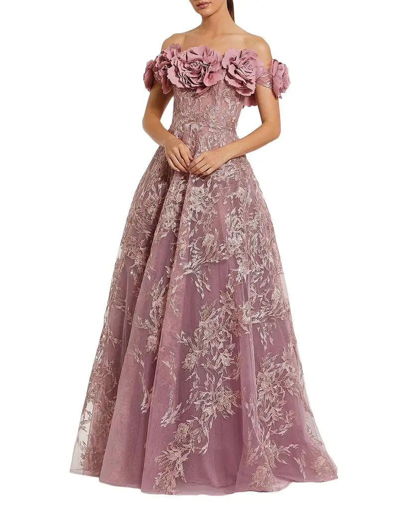 Mac Duggal Sequin-Embroidered Off-the-Shoulder A-Line Gown