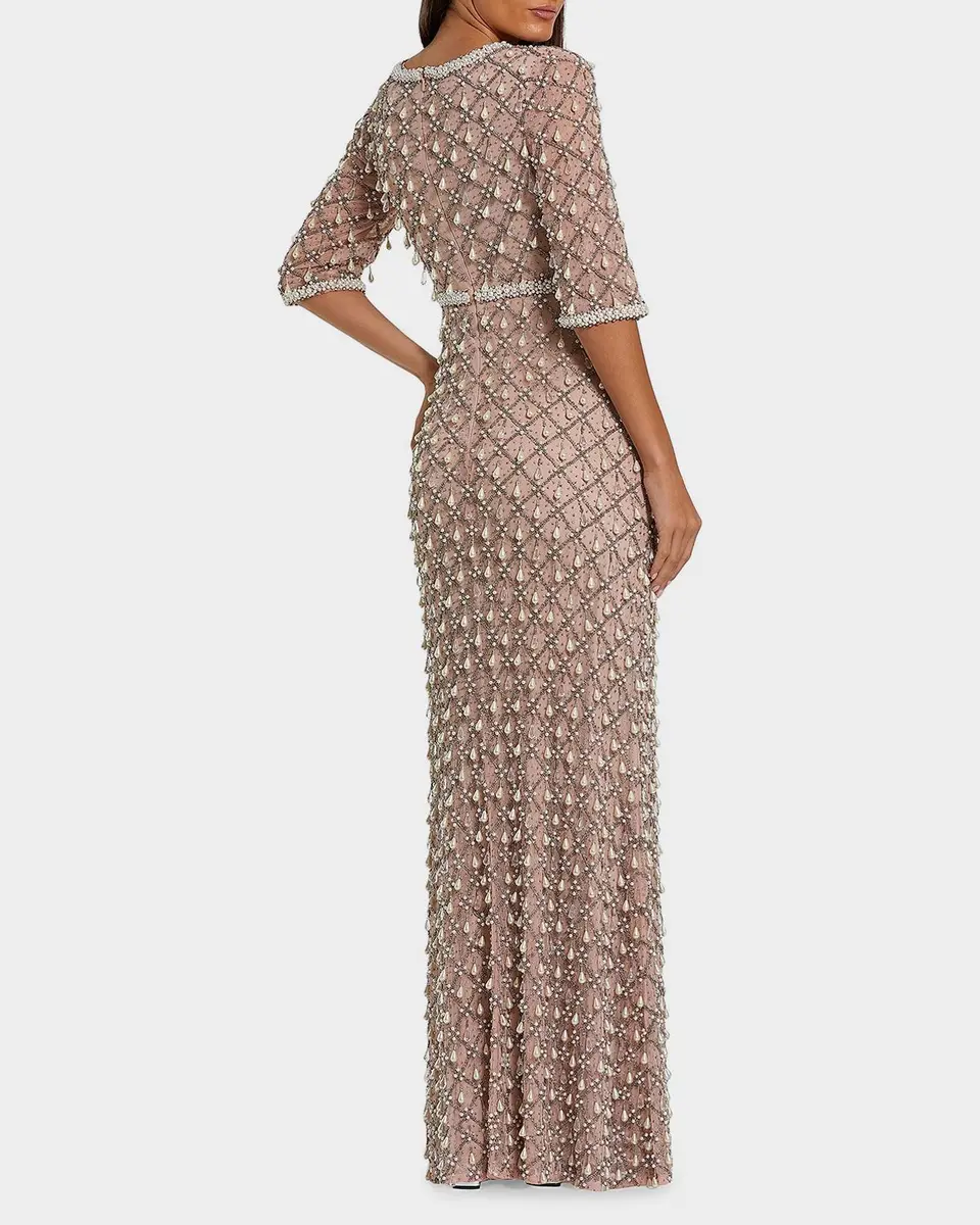 Mac Duggal Pearly-Embellished Beaded Mesh Gown | Thumbnail 3