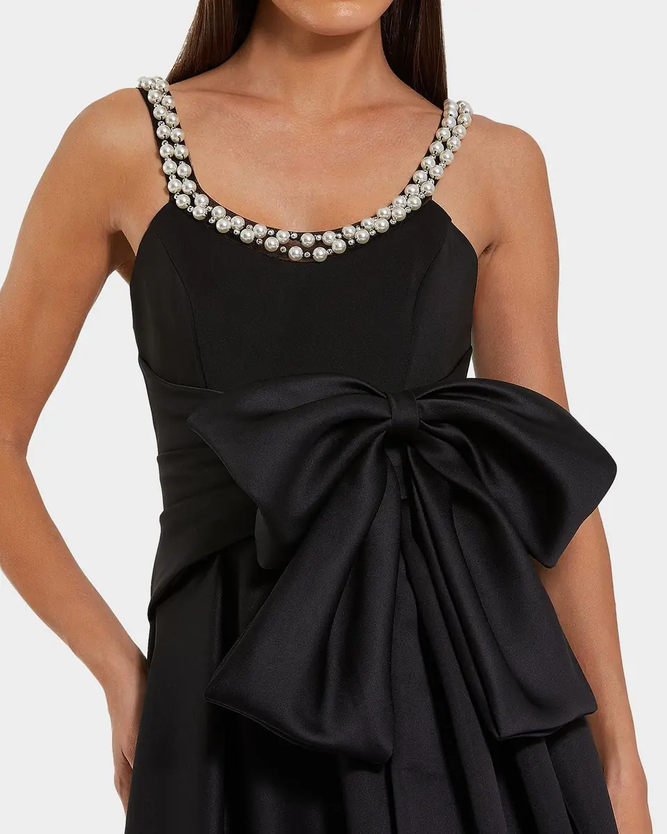 Mac Duggal Pleated Pearly-Trim Bow Satin Gown | Thumbnail 2 Mac Duggal Pleated Pearly-Trim Bow Satin Gown | Thumbnail 2