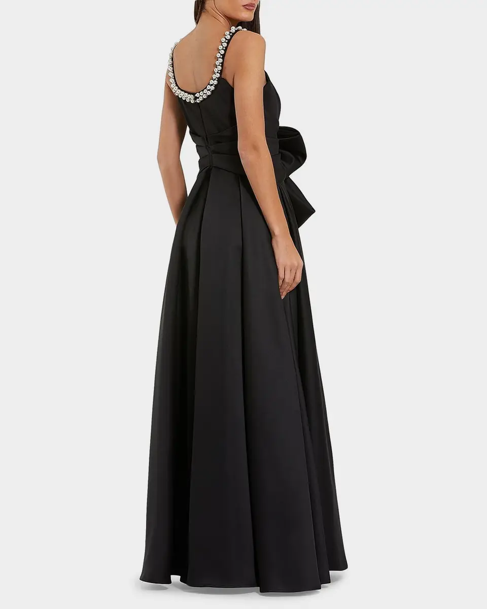 Mac Duggal Pleated Pearly-Trim Bow Satin Gown | Thumbnail 3 Mac Duggal Pleated Pearly-Trim Bow Satin Gown | Thumbnail 3
