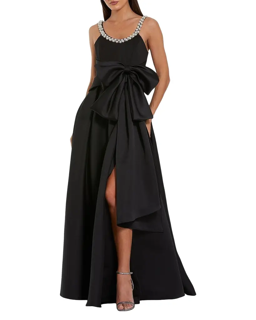 Pleated Pearly-Trim Bow Satin Gown Pleated Pearly-Trim Bow Satin Gown
