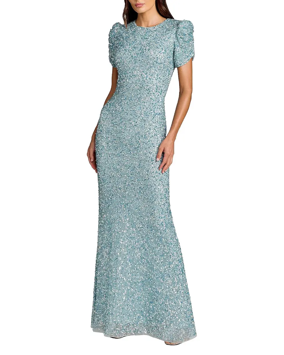Mac Duggal Beaded Mesh Short-Sleeve Gown | Thumbnail 3 Mac Duggal Beaded Mesh Short-Sleeve Gown | Thumbnail 3