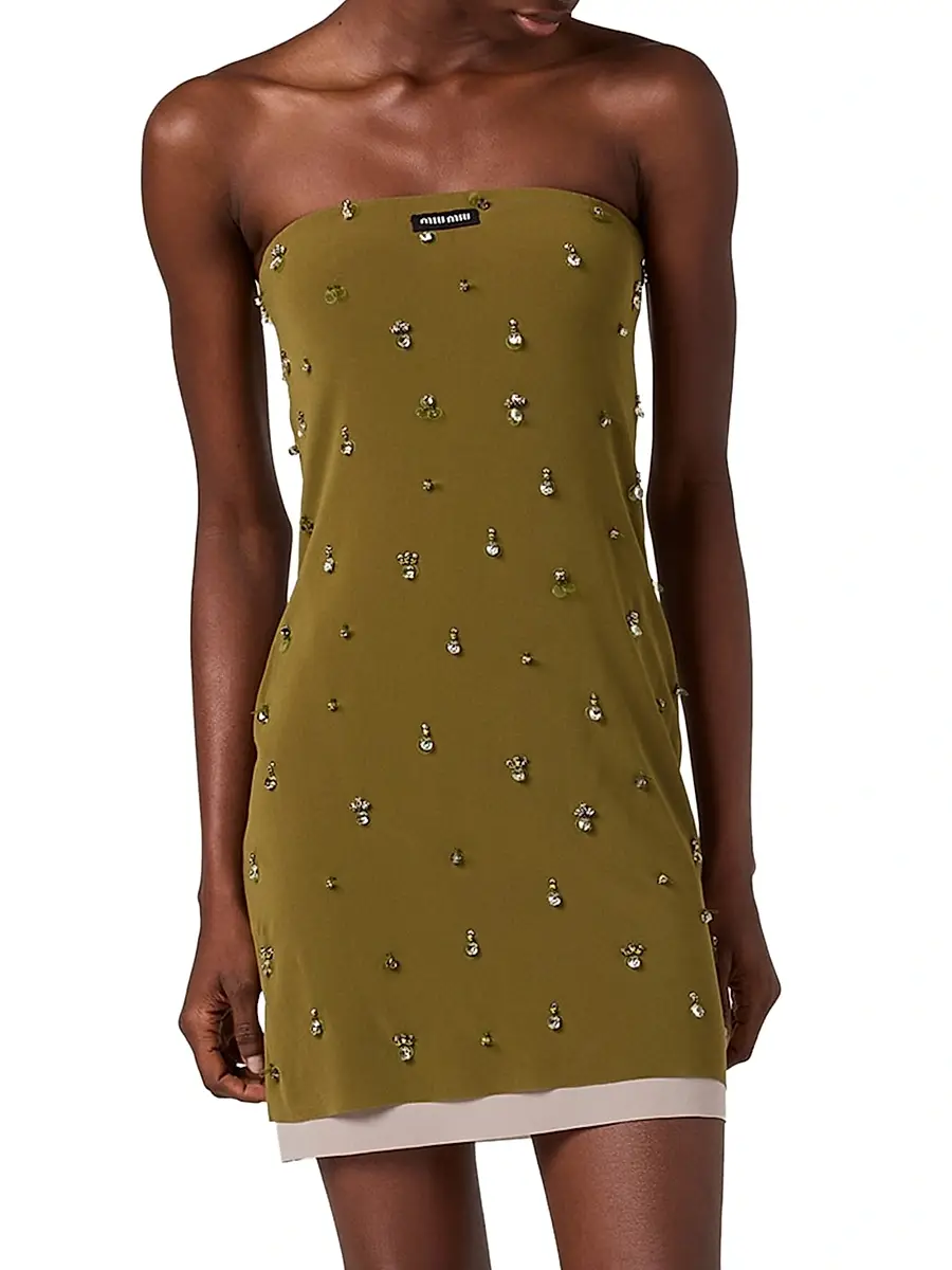 Miu Miu Women's Embroidered Stretch Georgette Mini-Dress - Green | Thumbnail 2 Miu Miu Women's Embroidered Stretch Georgette Mini-Dress - Green | Thumbnail 2