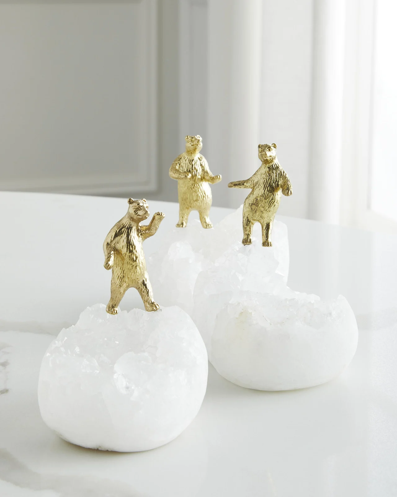 John-Richard Collection Brass Bear Figure on Quartz Sculptures, Set of 3