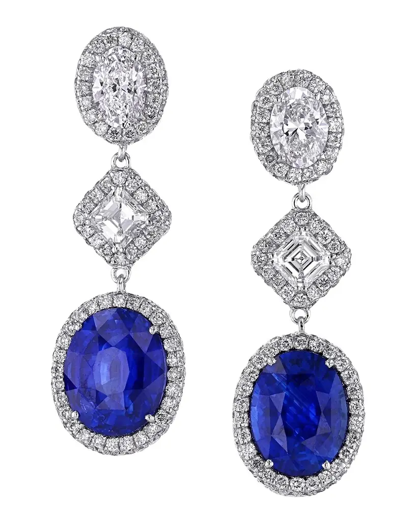 18K White Gold Dangling Diamond and Sapphire Earrings, 1.29"L x 0.44"W 18K White Gold Dangling Diamond and Sapphire Earrings, 1.29"L x 0.44"W