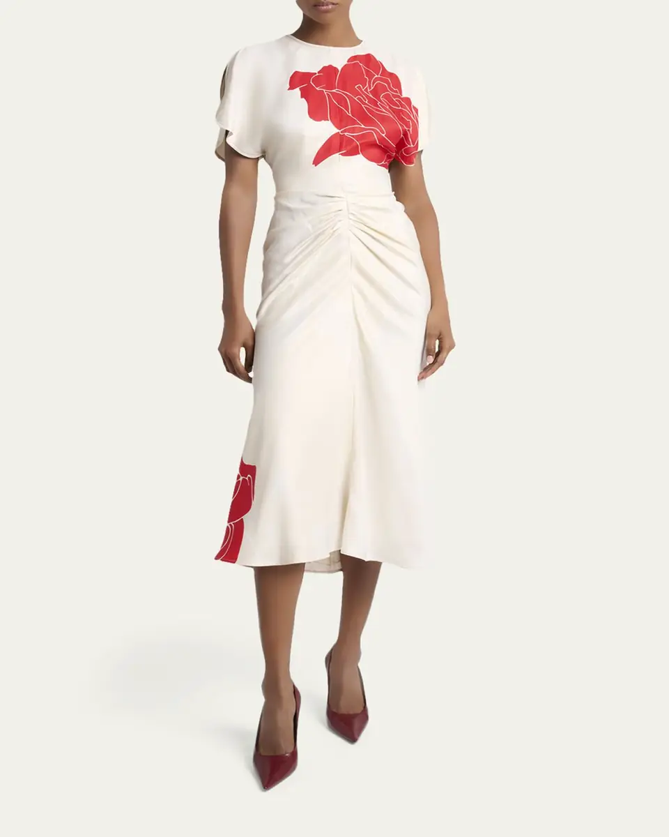 Victoria Beckham Ruched Floral-Print Viscose Midi Dress | Thumbnail 2 Victoria Beckham Ruched Floral-Print Viscose Midi Dress | Thumbnail 2
