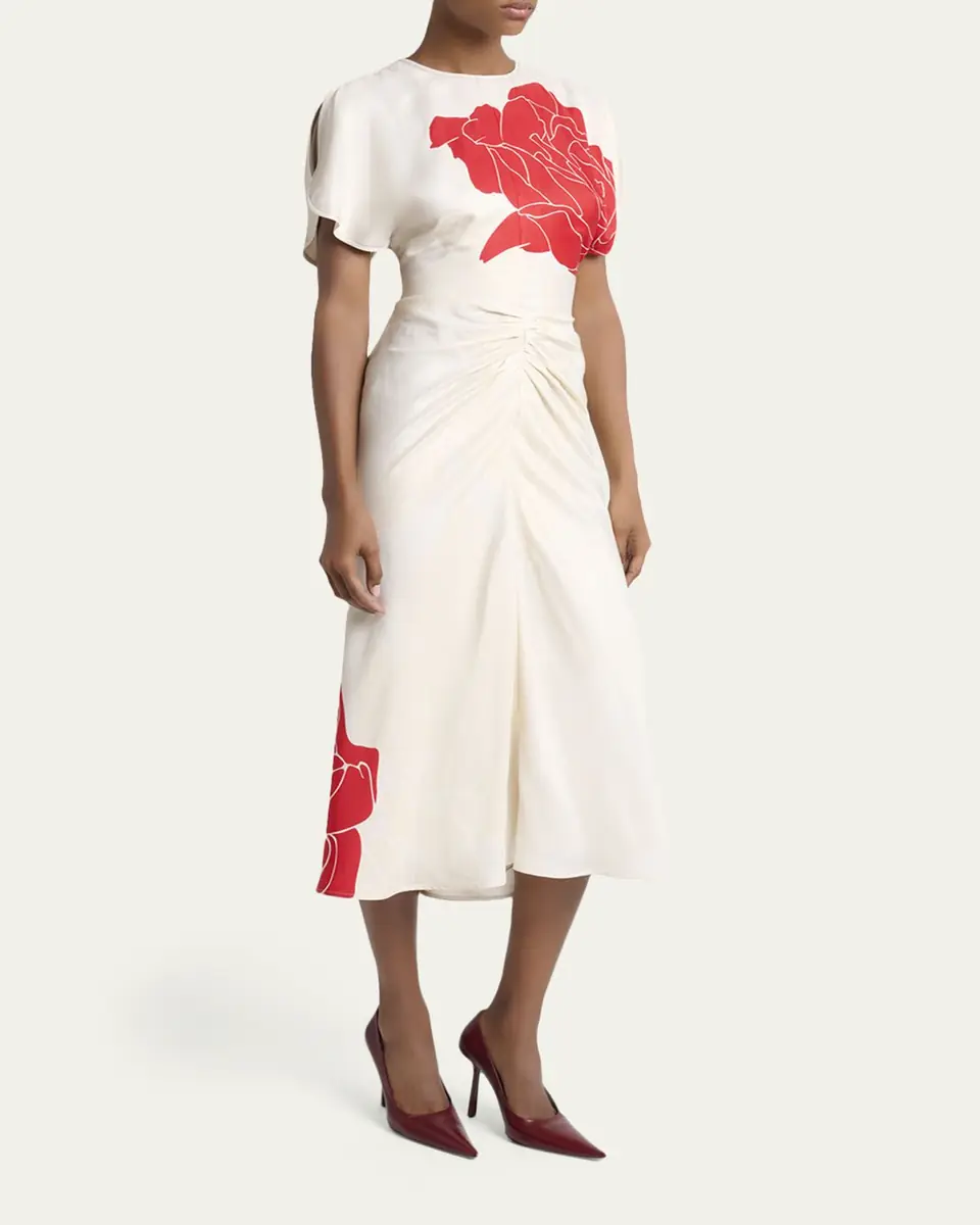 Victoria Beckham Ruched Floral-Print Viscose Midi Dress | Thumbnail 4 Victoria Beckham Ruched Floral-Print Viscose Midi Dress | Thumbnail 4