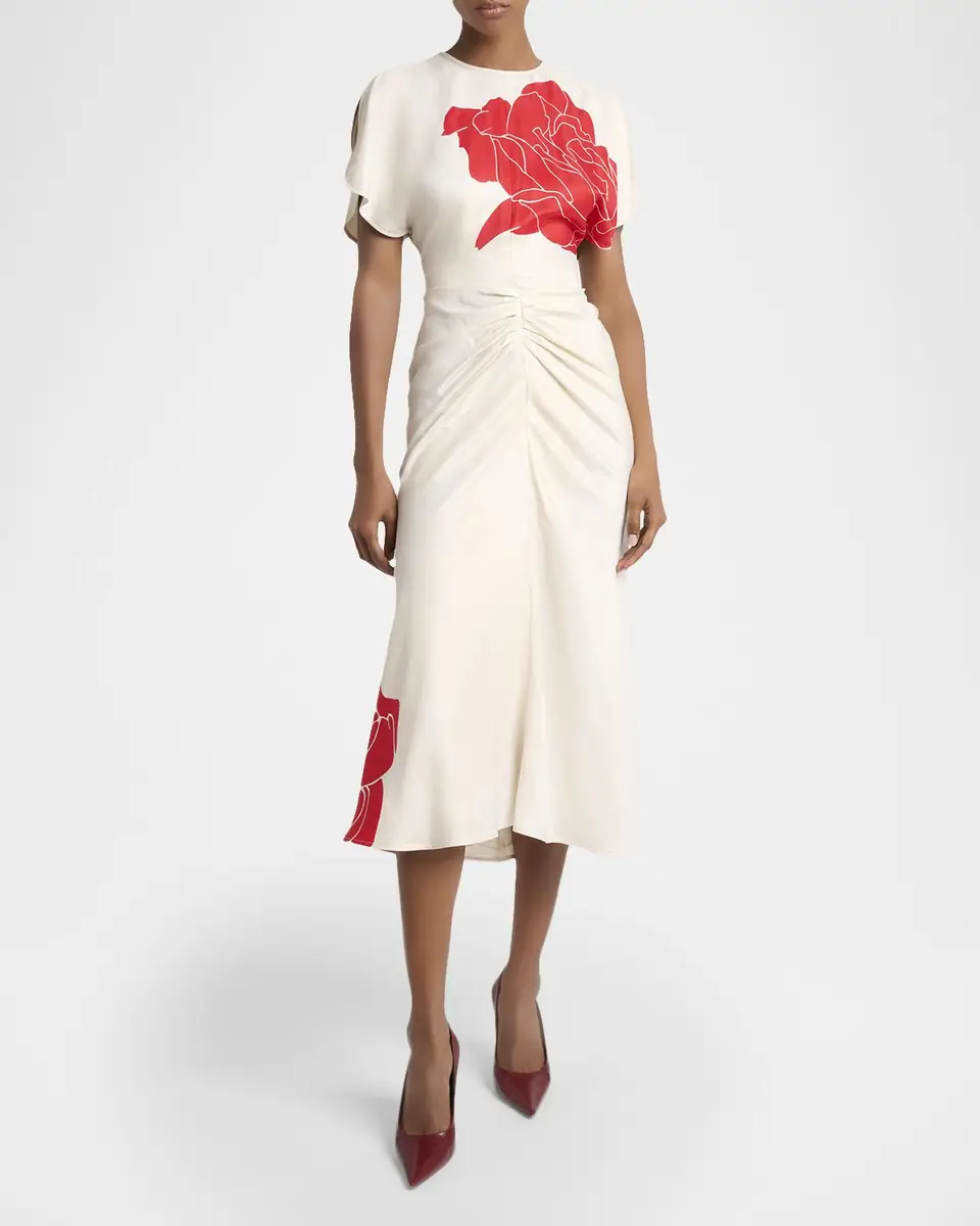 Victoria Beckham Ruched Floral-Print Viscose Midi Dress | Thumbnail 6 Victoria Beckham Ruched Floral-Print Viscose Midi Dress | Thumbnail 6