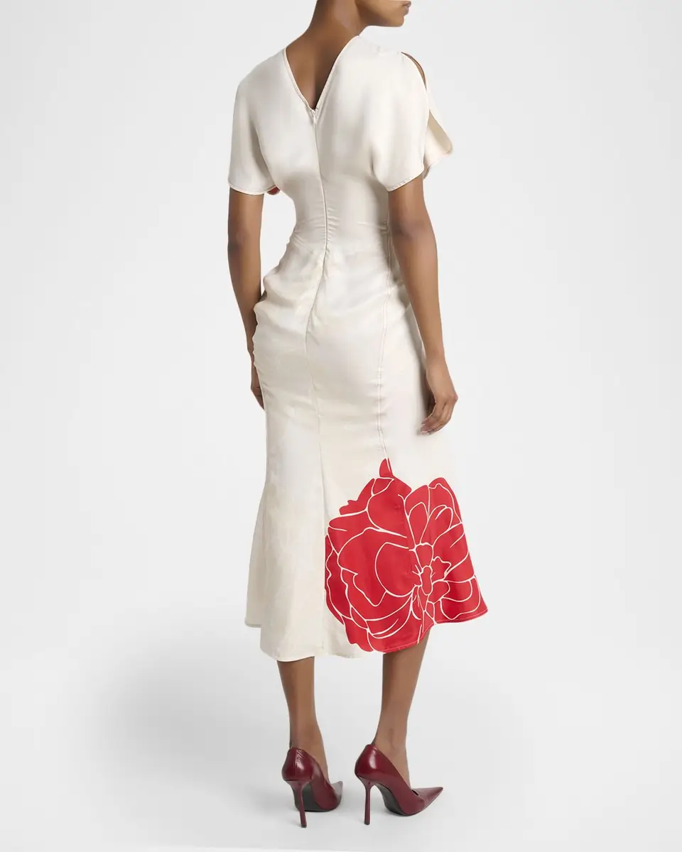 Victoria Beckham Ruched Floral-Print Viscose Midi Dress | Thumbnail 7 Victoria Beckham Ruched Floral-Print Viscose Midi Dress | Thumbnail 7