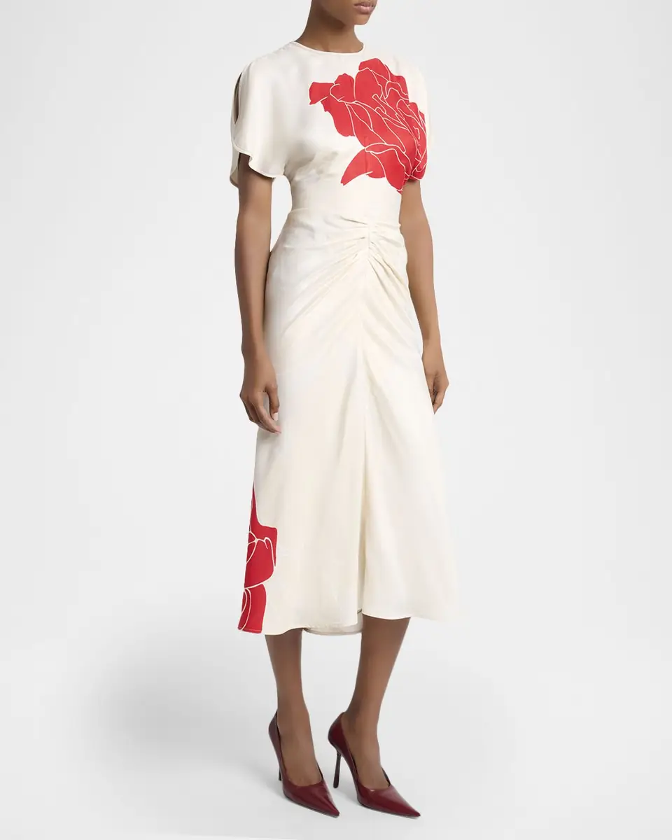 Victoria Beckham Ruched Floral-Print Viscose Midi Dress | Thumbnail 8 Victoria Beckham Ruched Floral-Print Viscose Midi Dress | Thumbnail 8