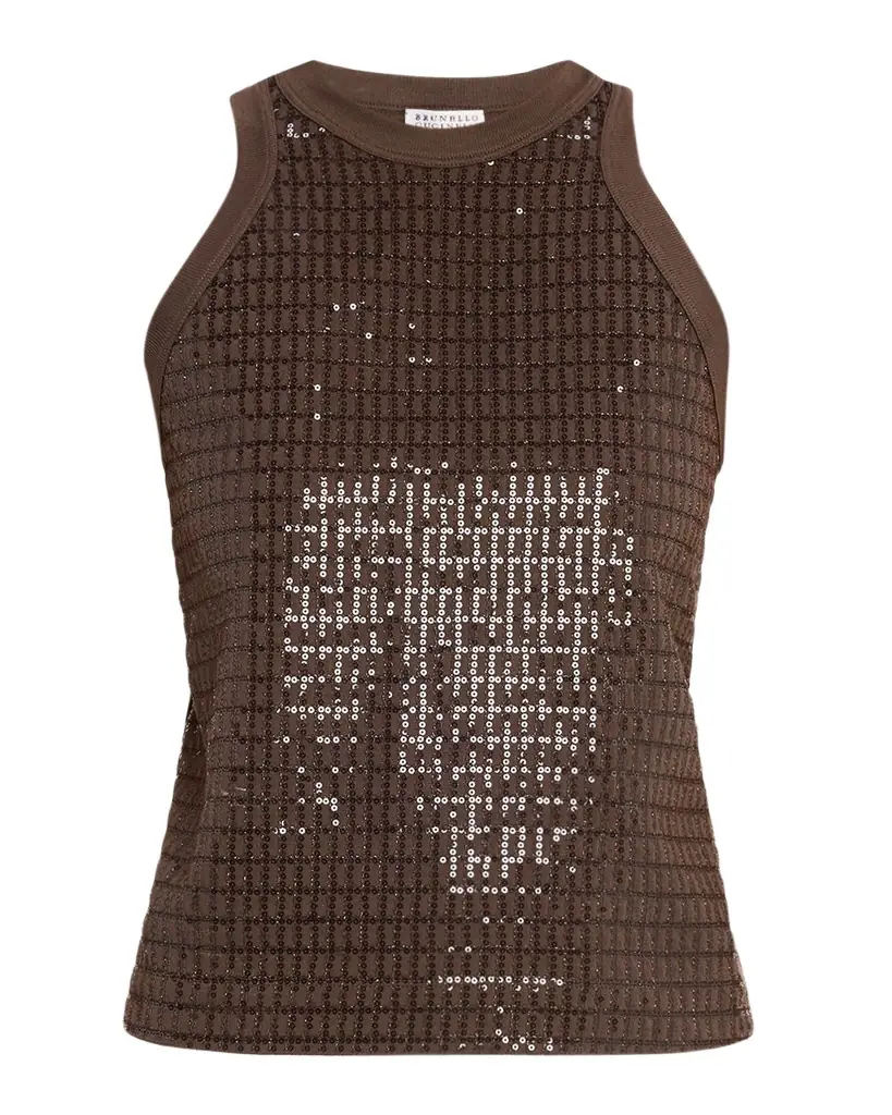 Brunello Cucinelli Sequined Jersey Stretch Tank Top | Image 1 Brunello Cucinelli Sequined Jersey Stretch Tank Top | Image 1