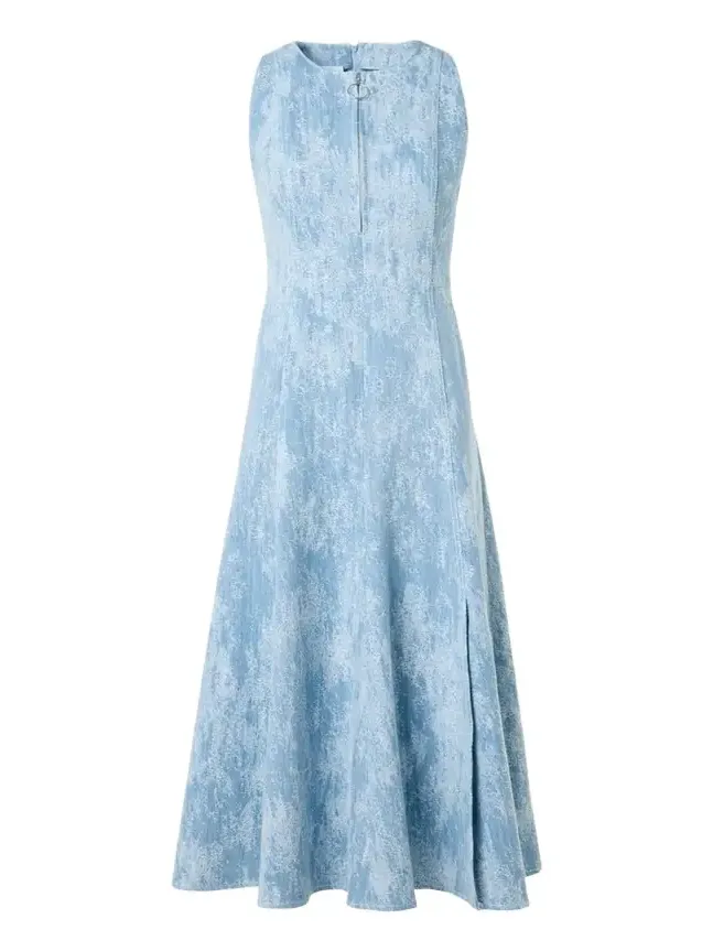 Jacquard Denim Sleeveless Quarter-Zip Midi Dress Jacquard Denim Sleeveless Quarter-Zip Midi Dress