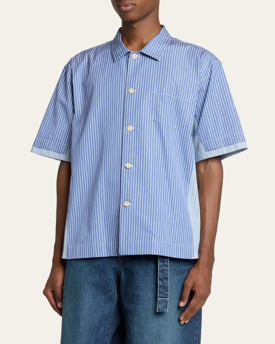 Sacai Men's Colorblock Striped Poplin Short-Sleeve Sport Shirt | Thumbnail 4 Sacai Men's Colorblock Striped Poplin Short-Sleeve Sport Shirt | Thumbnail 4