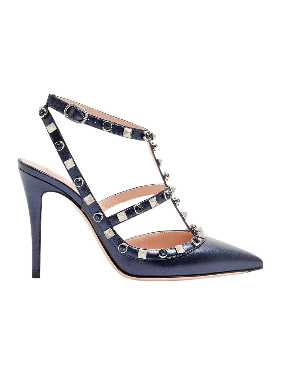 Women's Rockstud Pumps 100MM in Laminated Nappa with Cabochon - Navy