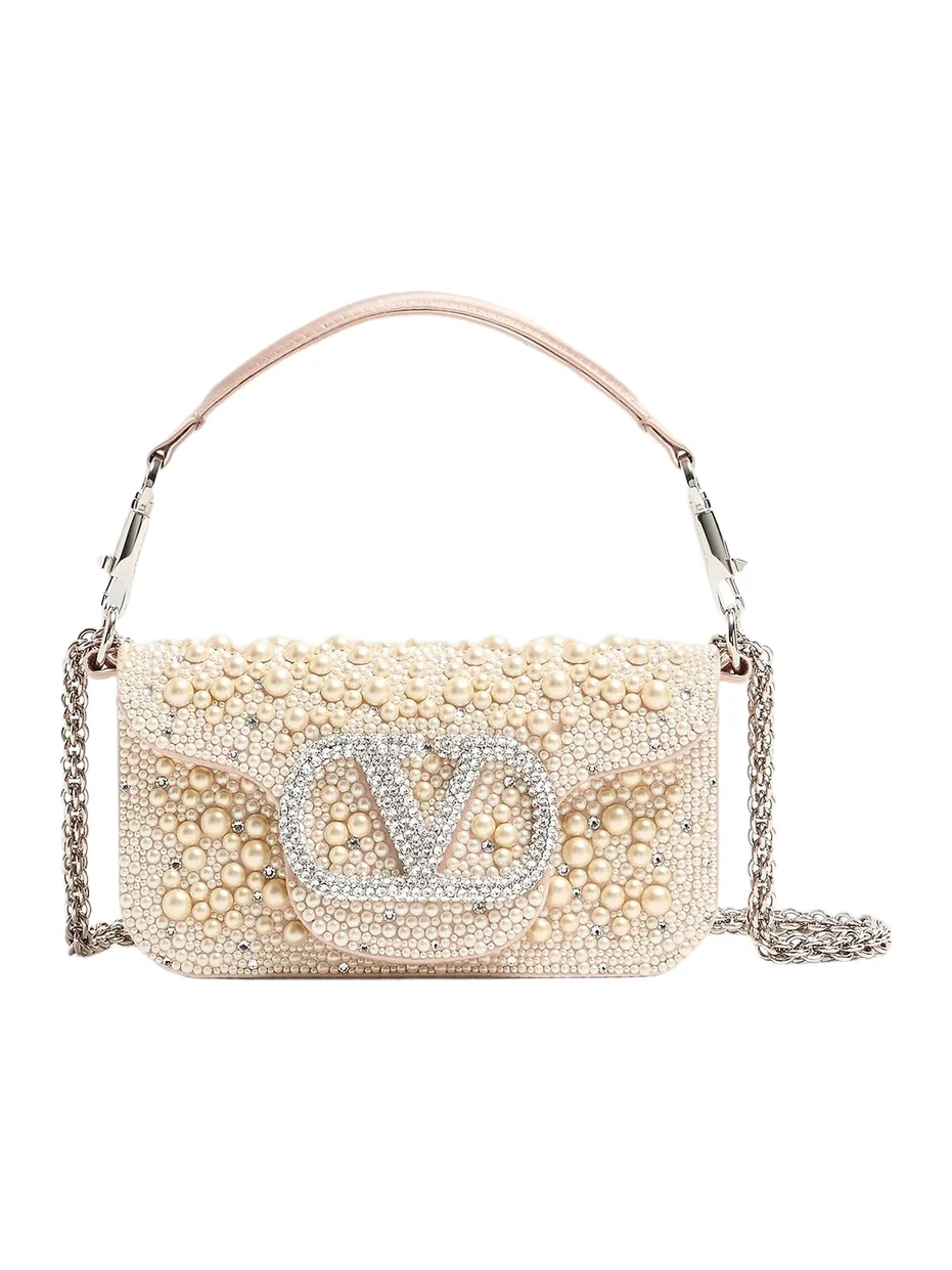 Women's Locò Small Shoulder Bag with Pearls, Rhinestones and Jewel Logo - Off White Women's Locò Small Shoulder Bag with Pearls, Rhinestones and Jewel Logo - Off White