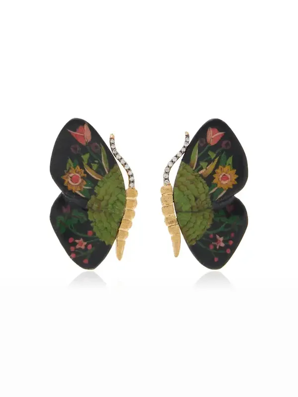 Marquetry Wood 18K Yellow Gold Diamond Butterfly Earrings Marquetry Wood 18K Yellow Gold Diamond Butterfly Earrings