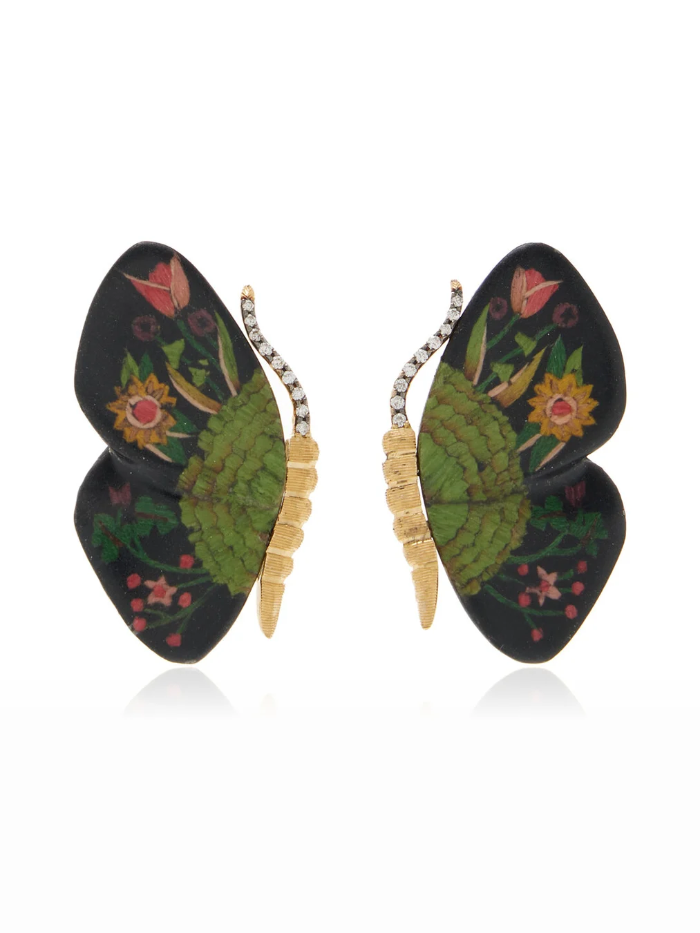 Marquetry Wood 18K Yellow Gold Diamond Butterfly Earrings
