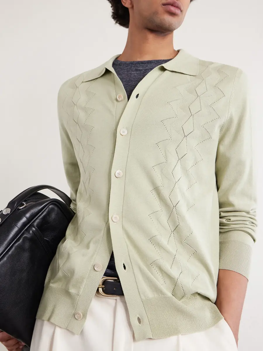 PIACENZA 1733 Pointelle-Knit Silk and Cotton-Blend Cardigan - Men | Thumbnail 5 PIACENZA 1733 Pointelle-Knit Silk and Cotton-Blend Cardigan - Men | Thumbnail 5