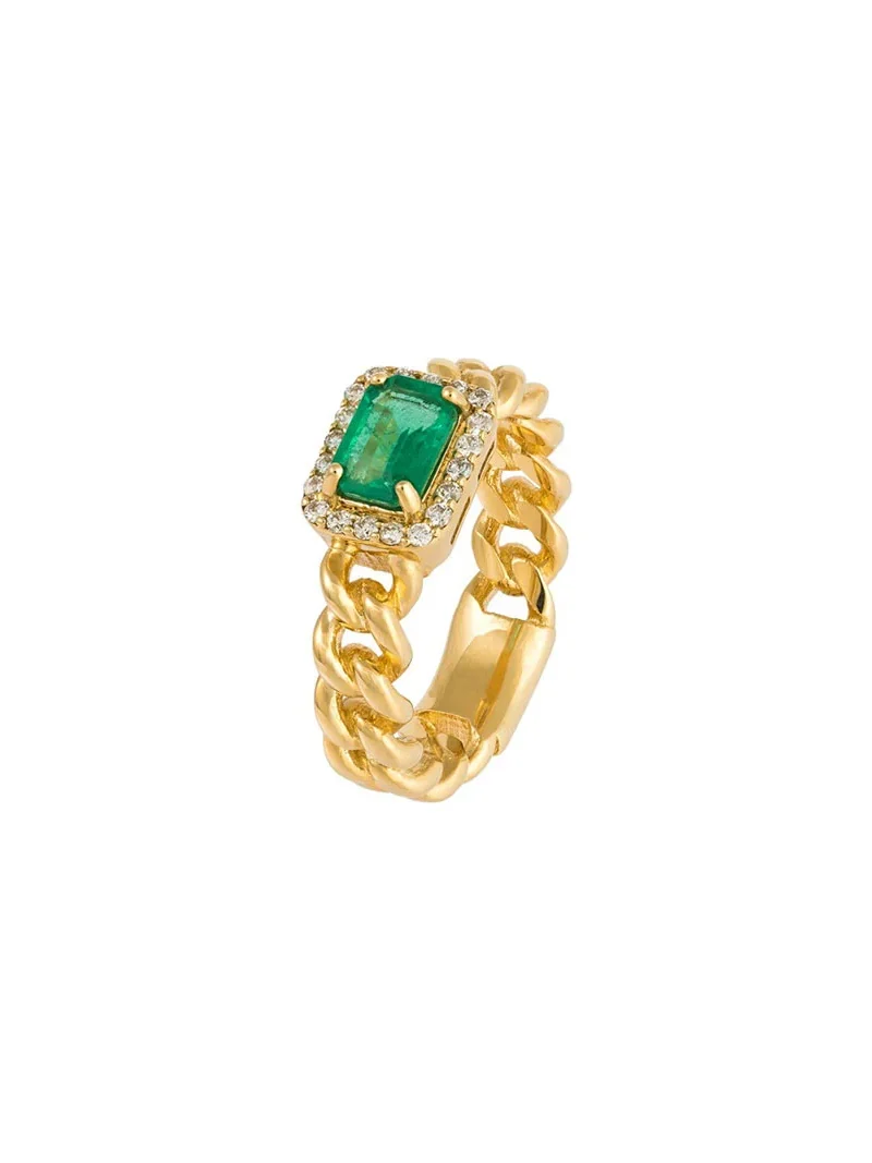 1.26ct Diamond Emerald 18K Gold Cuban Chain Ring 1.26ct Diamond Emerald 18K Gold Cuban Chain Ring
