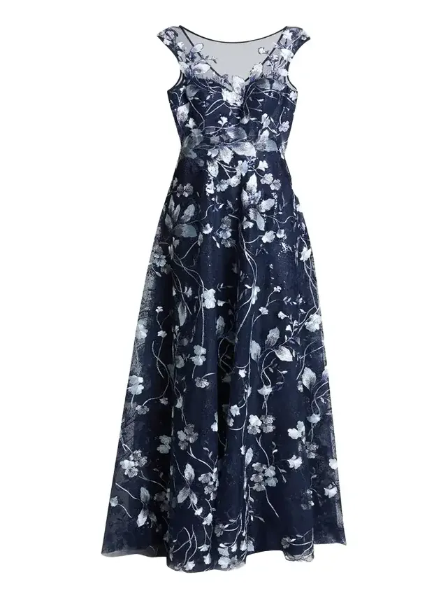 Cap-Sleeve Embroidered Tulle A-Line Gown