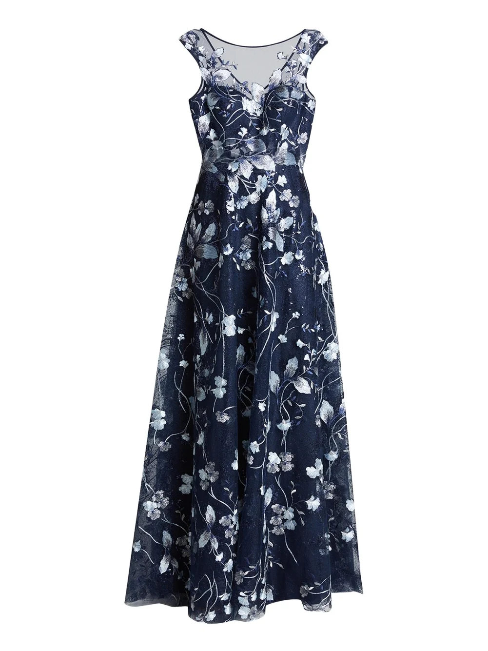Rickie Freeman for Teri Jon Cap-Sleeve Embroidered Tulle A-Line Gown