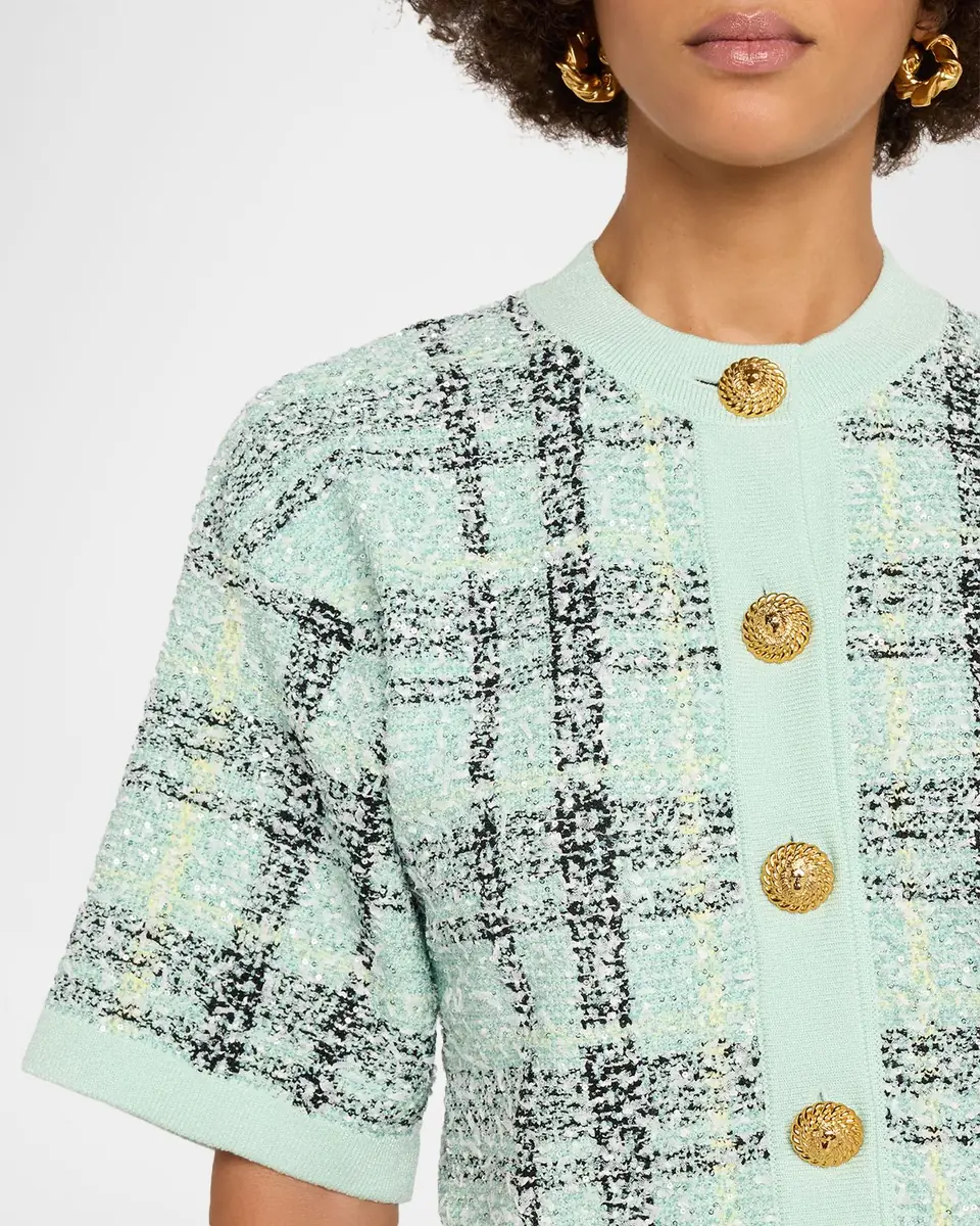 Balmain Paillette Check Tweed Short-Sleeve Cardigan | Thumbnail 4 Balmain Paillette Check Tweed Short-Sleeve Cardigan | Thumbnail 4