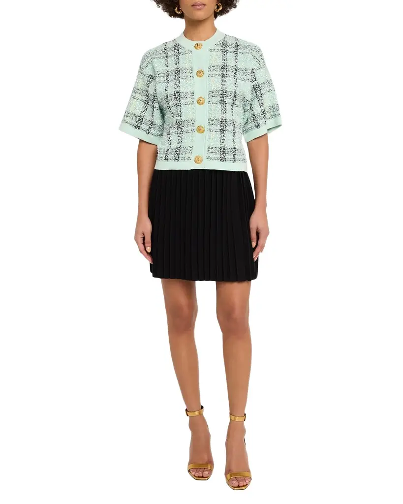 Balmain Paillette Check Tweed Short-Sleeve Cardigan | Image 1 Balmain Paillette Check Tweed Short-Sleeve Cardigan | Image 1
