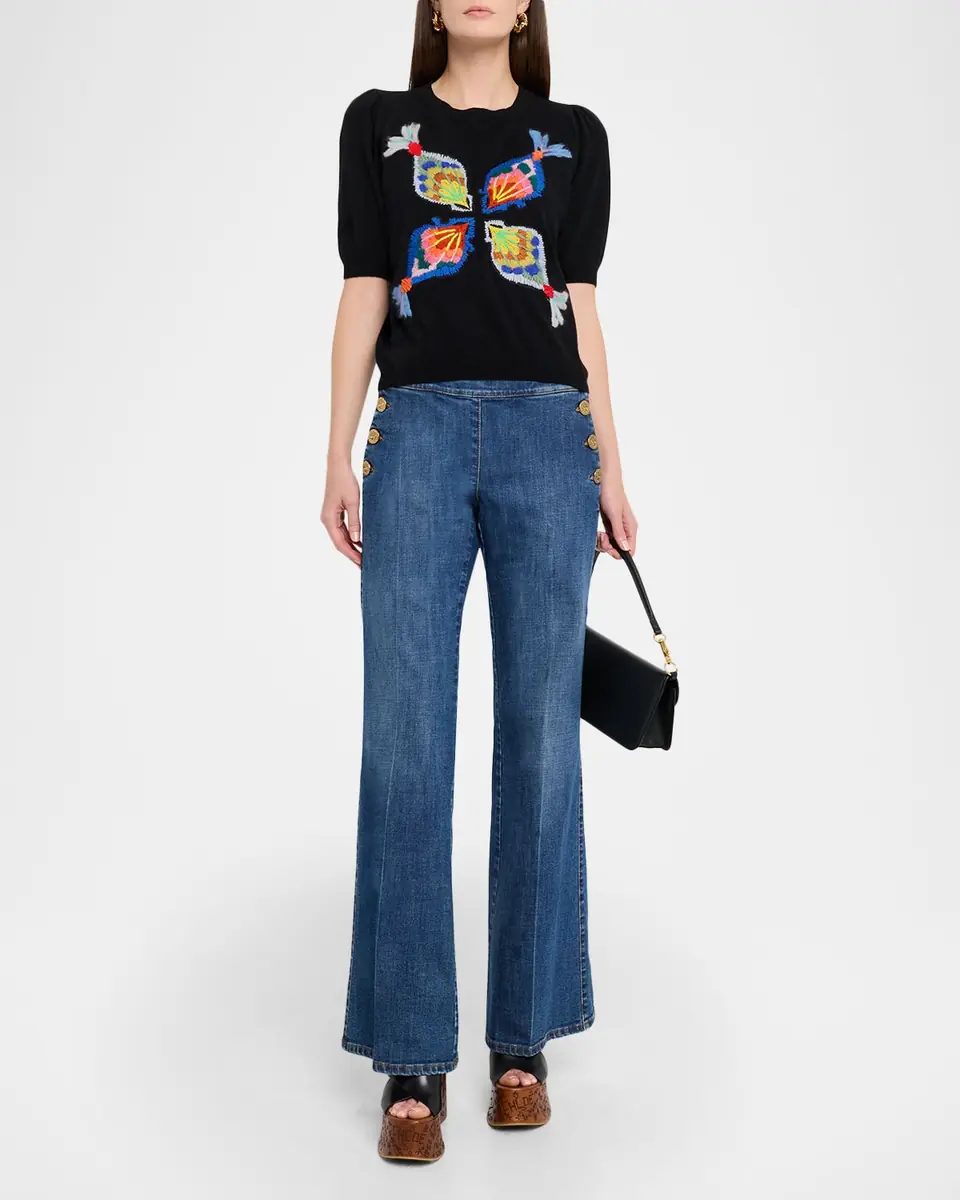 Maison Common Embroidered Wool-Cashmere Short-Sleeve Sweater | Thumbnail 2