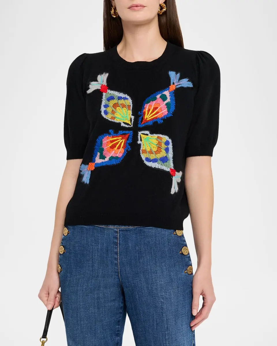 Maison Common Embroidered Wool-Cashmere Short-Sleeve Sweater | Thumbnail 4