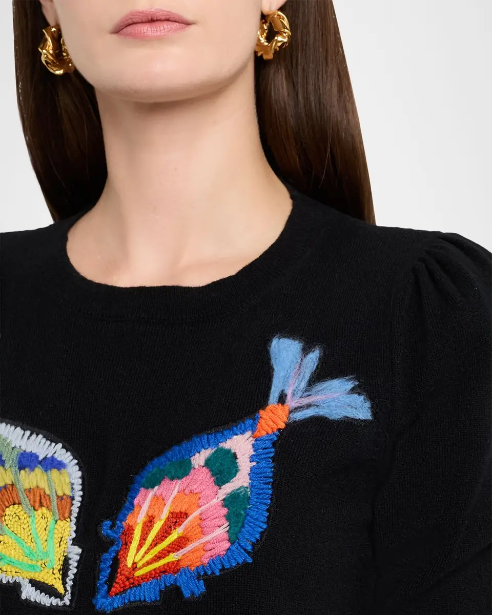 Maison Common Embroidered Wool-Cashmere Short-Sleeve Sweater | Thumbnail 5