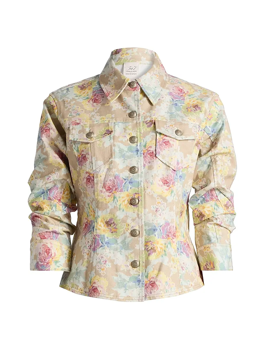 Cinq à Sept Women's Ikat Bouquet Canyon Floral Denim Jacket - Khaki Multi | Image 1 Cinq à Sept Women's Ikat Bouquet Canyon Floral Denim Jacket - Khaki Multi | Image 1