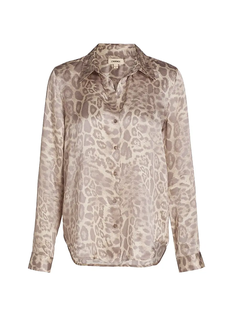 L'AGENCE Women's Tyler Leopard-Print Silk Blouse - Grey Multi Patch Leopard | Image 1 L'AGENCE Women's Tyler Leopard-Print Silk Blouse - Grey Multi Patch Leopard | Image 1